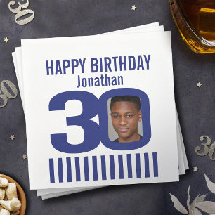 blue white 30th birthday stripe add your own photo napkins