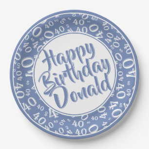 Blue/White 40th Happy Birthday Number Pattern Paper Plates