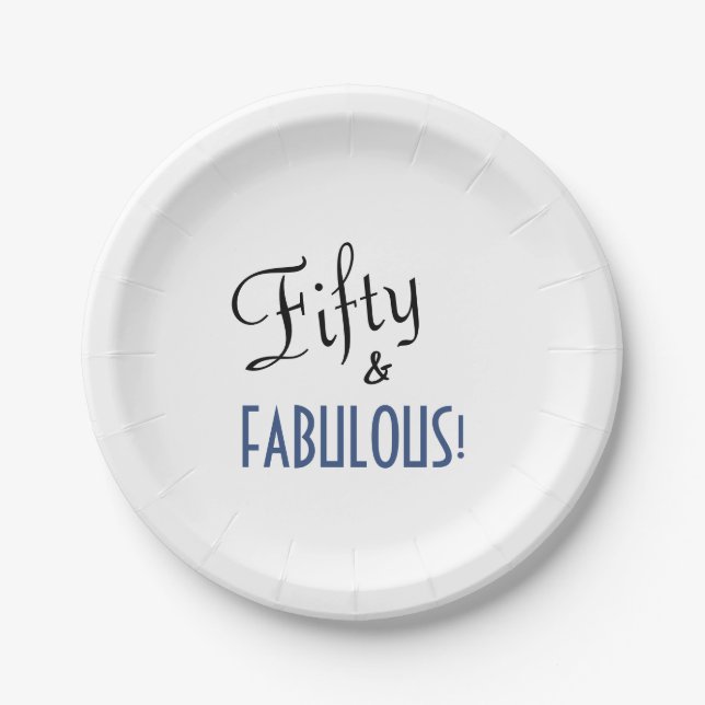 Blue & White 50th Birthday Fifty & FABULOUS! Paper Plates (Front)