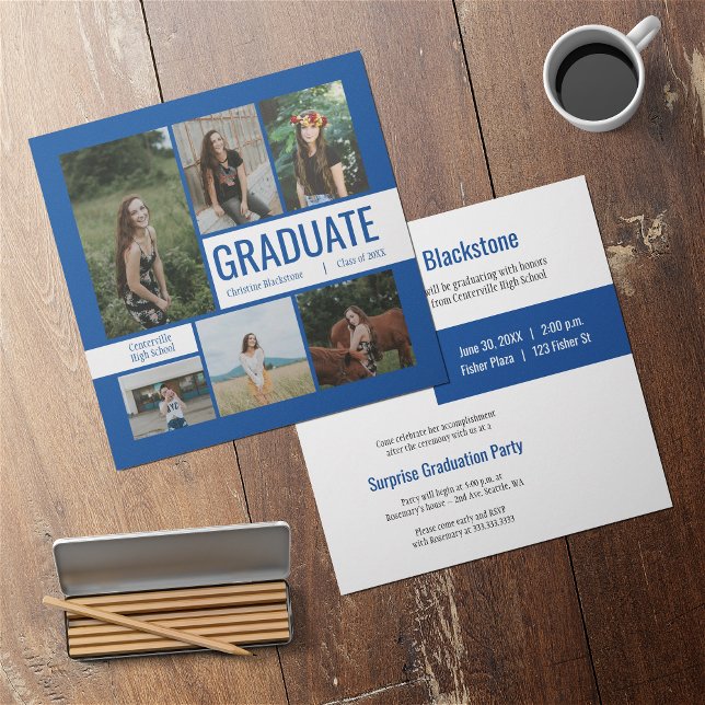 Blue & White 6 Photo Graduation Invitation (Creator Uploaded)