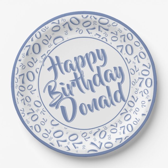 Blue/White 70th Random Number Pattern Paper Plates (Front)