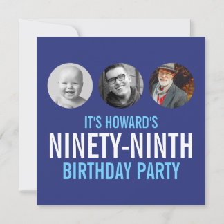 Blue white 99th photo birthday custom 3 photos invitation