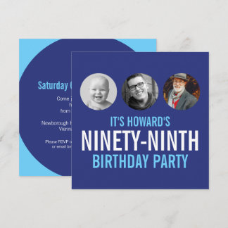 Blue white 99th photo birthday custom 3 photos invitation