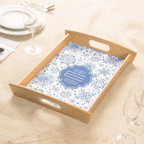 Blue  White Abstract Christmas Snowflakes Pattern Serving Tray