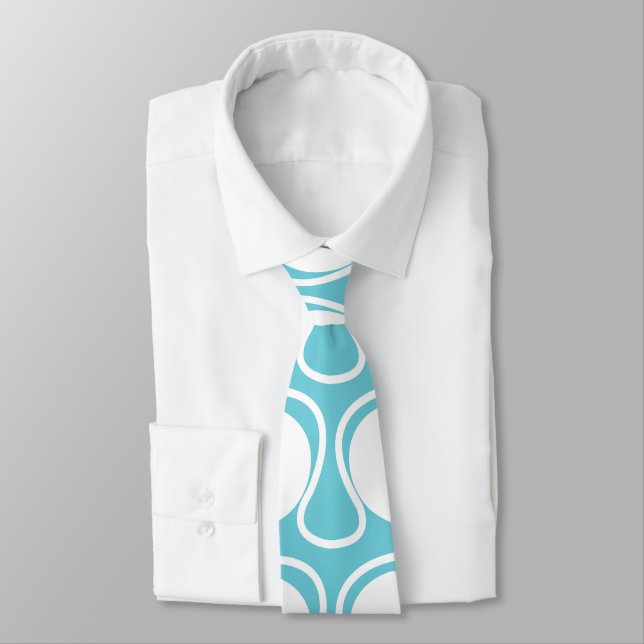 Blue White Abstract Curve Deco Art Neck Tie (Tied)