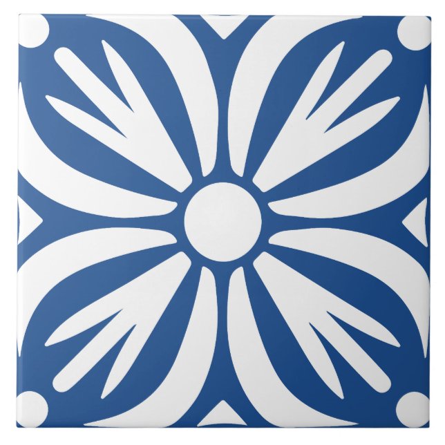 Blue &white abstract floral geometric  ceramic tile (Front)