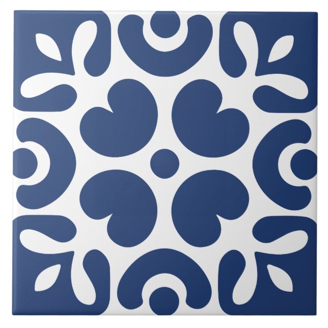 Blue &white abstract floral geometric  ceramic tile (Front)