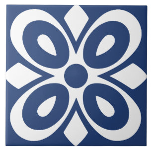 Blue white abstract floral geometric ceramic tile