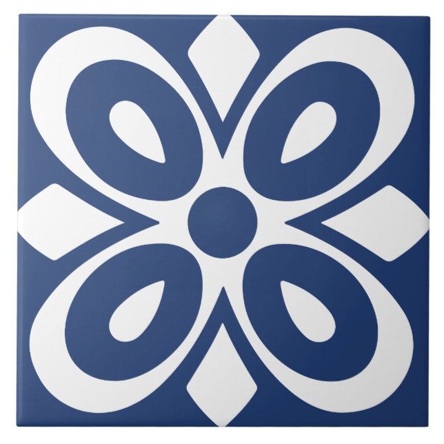Blue white abstract floral geometric ceramic tile (Front)