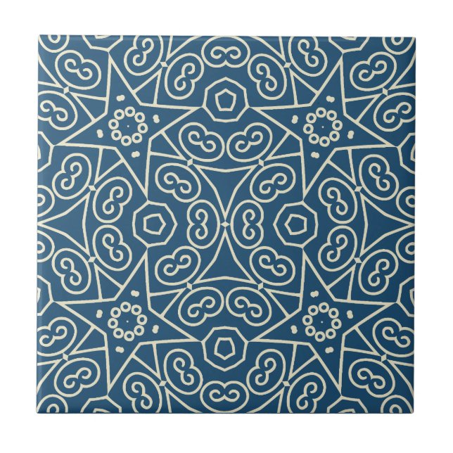 Blue & White Abstract Geometric Pattern  Ceramic Tile (Front)