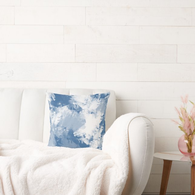 Blue White Abstract Modern Brushstrokes Throw Pillow (Couch)