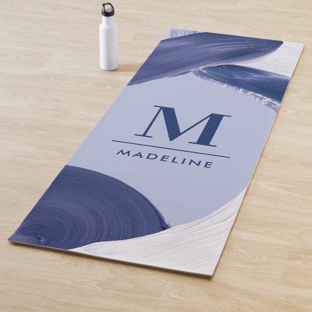 Blue white abstract textured modern hand painted y yoga mat (In Situ)