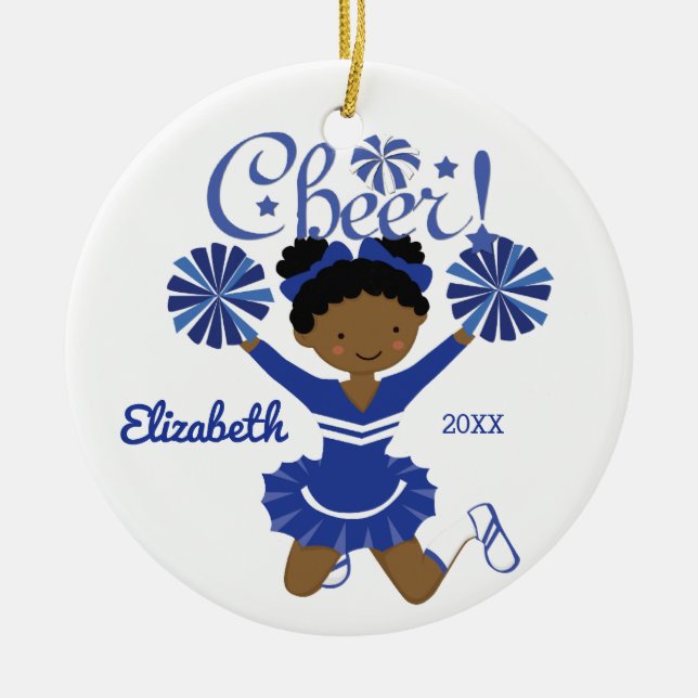 Blue & White African American Cheerleader Ornament (Front)