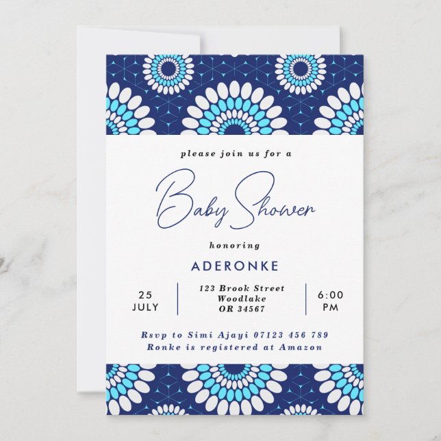 Blue & White African Wax Print Baby Shower Invitation (Front)