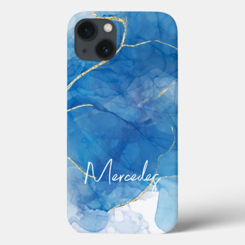 Blue  White Agate Marble Abstract Name Monogram iPhone 13 Case