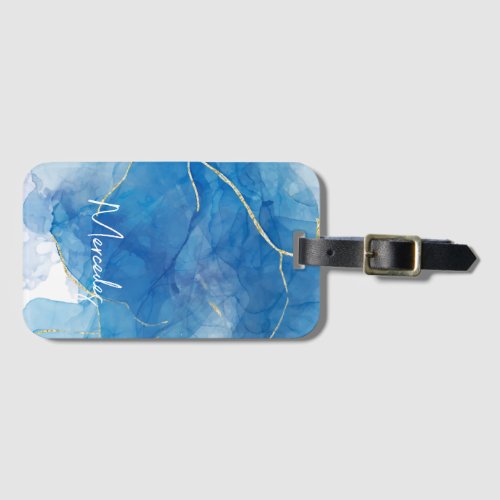 Blue  White Agate Marble Abstract Name Monogram  Luggage Tag
