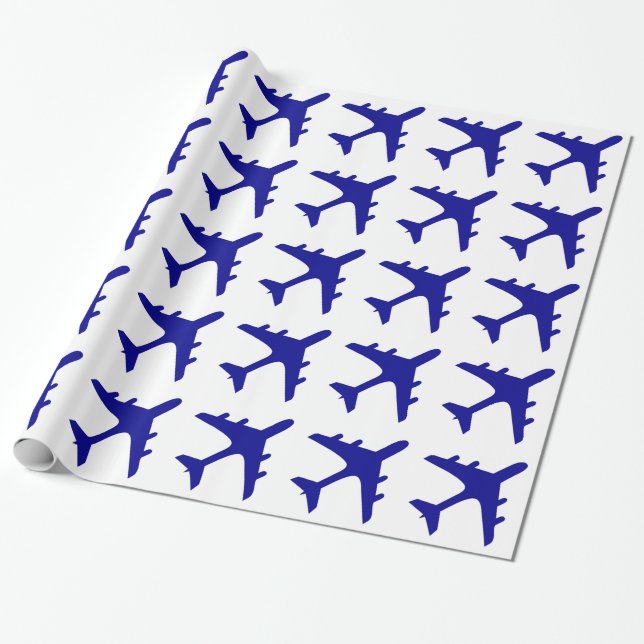 Blue white airplane design wrapping paper (Unrolled)