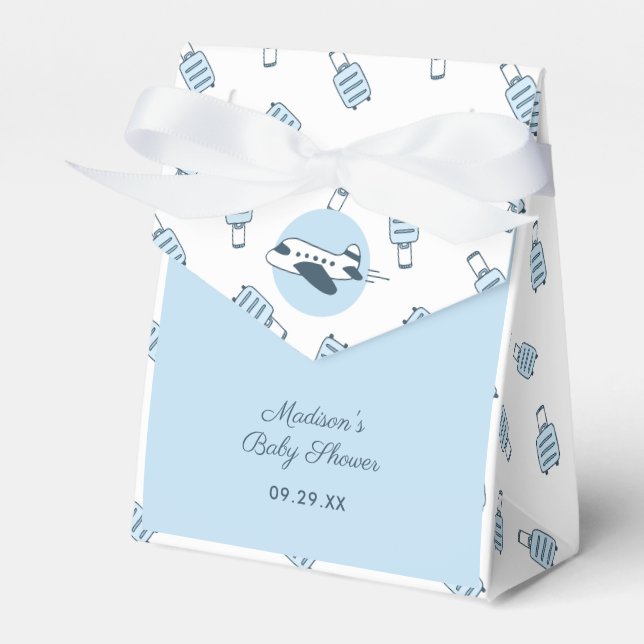 Blue White Airplane + Luggage Pattern Baby Shower Favor Boxes (Front Side)