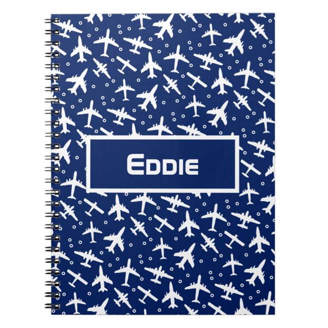 Blue White Airplane Pattern Notebook (Front)