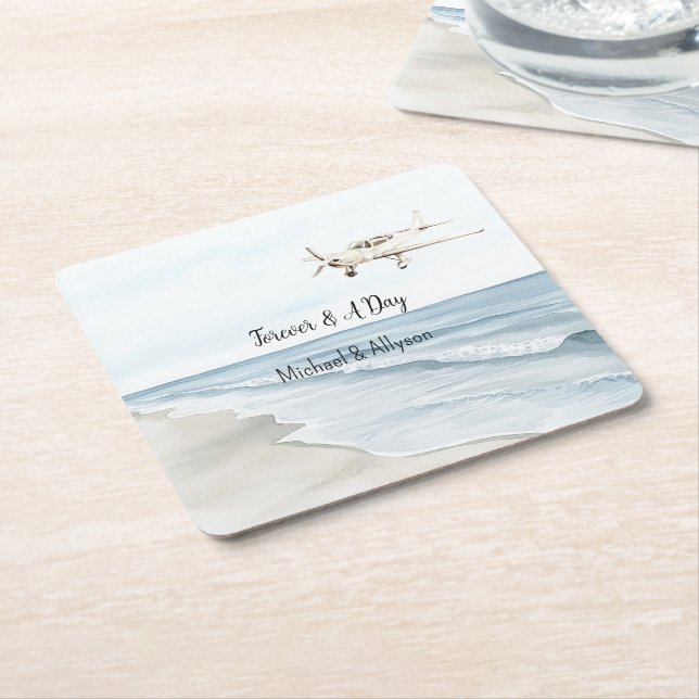 Blue White Airplanes Square Paper Coaster (Angled)