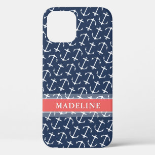 Blue White Anchor Pattern Coral Name iPhone 12 Case