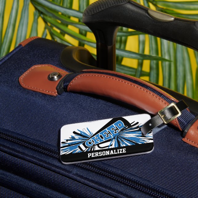 Blue, White and Black Cheerleader Megaphone Luggage Tag (Front Insitu 3)