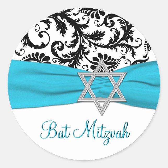 Blue, White, and Black Damask Bat Mitzvah Sticker (Front)