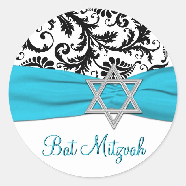 Blue, White, and Black Damask Bat Mitzvah Sticker (Front)