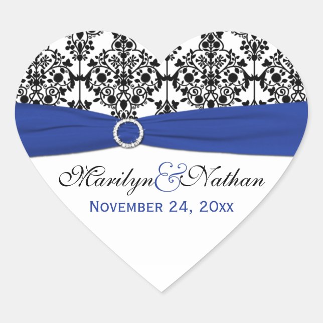Blue, White, and Black Damask Heart Shape Sticker (Front)
