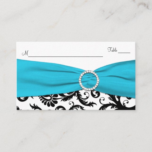 Blue, White and Black Damask Place Card (Front)
