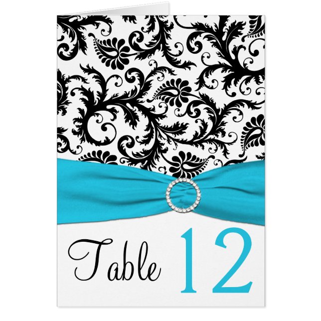 Blue, White, and Black Damask Table Number Card (Front)