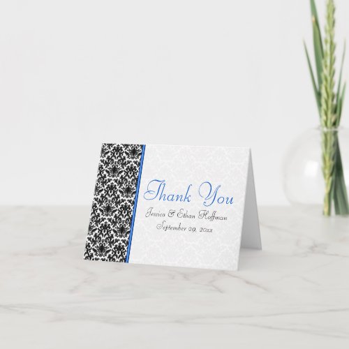 Blue White and Black Damask Thank You Card