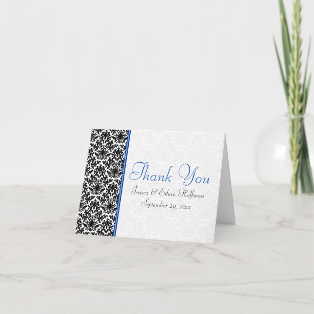 Blue, White, and Black Damask Thank You Card (Front)