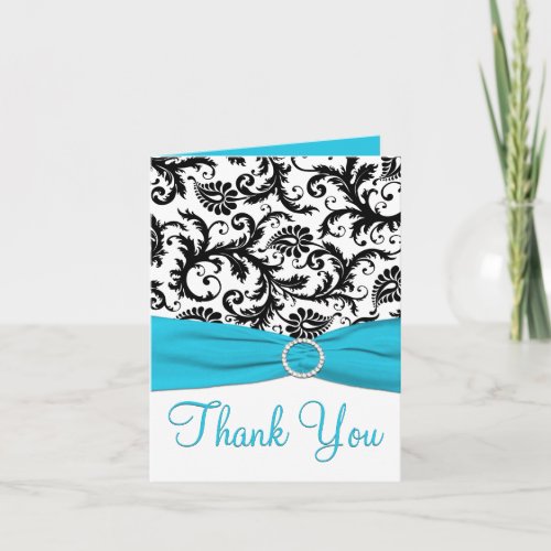 Blue White and Black Damask Thank You Note Card