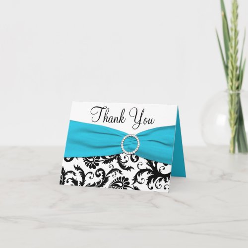 Blue White and Black Damask Thank You Note Card