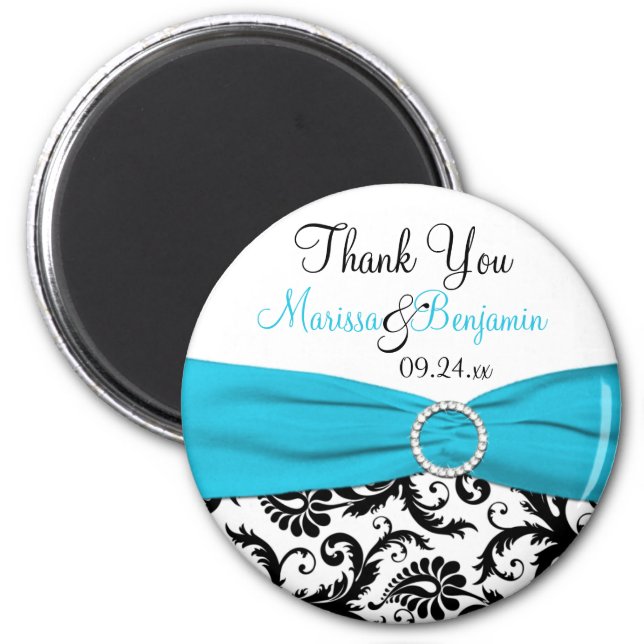 Blue, White, and Black Damask Wedding Favor Magnet (Front)