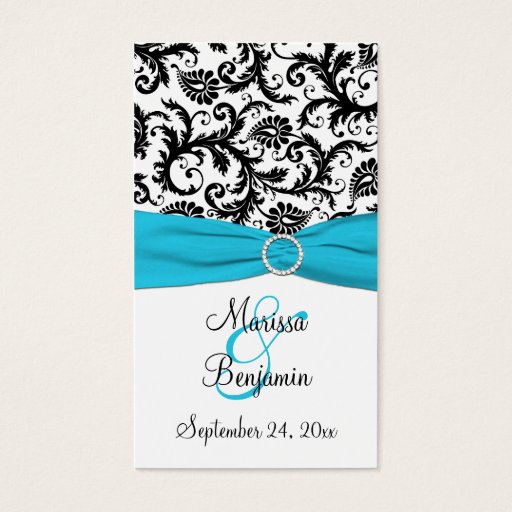 Customizable Blue, White, and Black Damask Wedding Favor Tag Business Card Templates