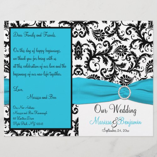 Blue White and Black Damask Wedding Program