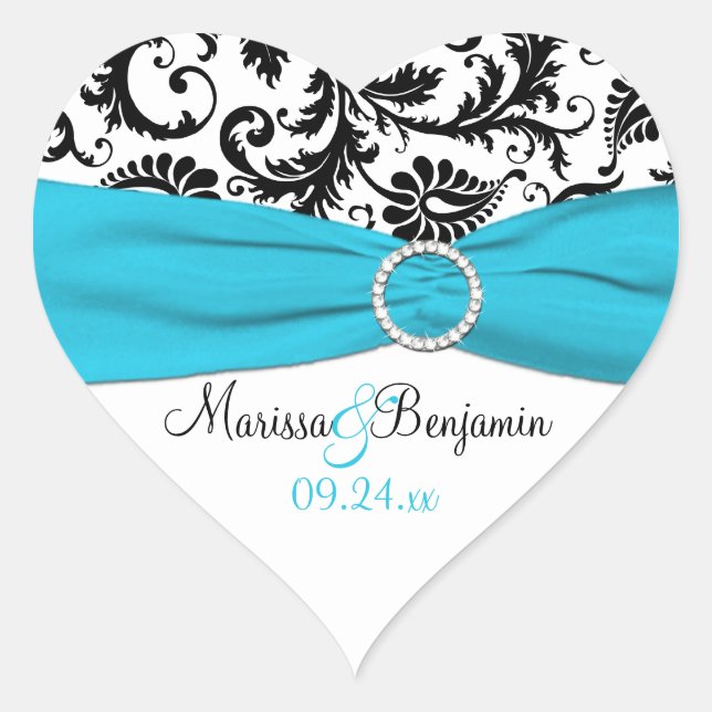 Blue, White, and Black Damask Wedding Sticker (Front)
