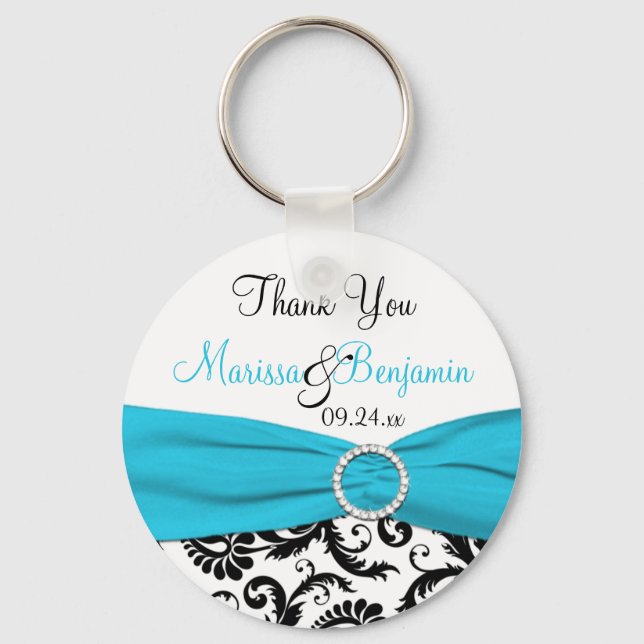 Blue, White, and Black Wedding Favor Key Chain (Front)