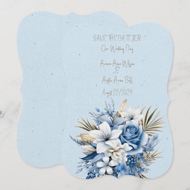 Blue White and Brown Floral Wedding Bouquet Save The Date (Front/Back)