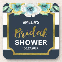 Blue White and Faux Gold Floral Bridal Shower Beverage Coaster