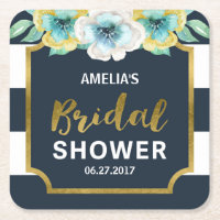 Blue White and Faux Gold Floral Bridal Shower Square Paper Coaster