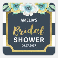 Blue White and Faux Gold Floral Bridal Shower Square Sticker