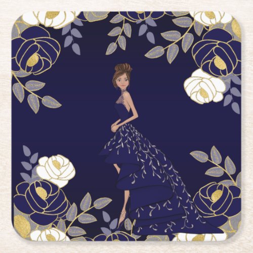 Blue White and Gold Botancial Quinceanera Square Paper Coaster