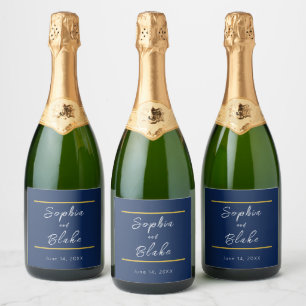 Blue, White and Gold Bride & Groom Wedding Sparkling Wine Label