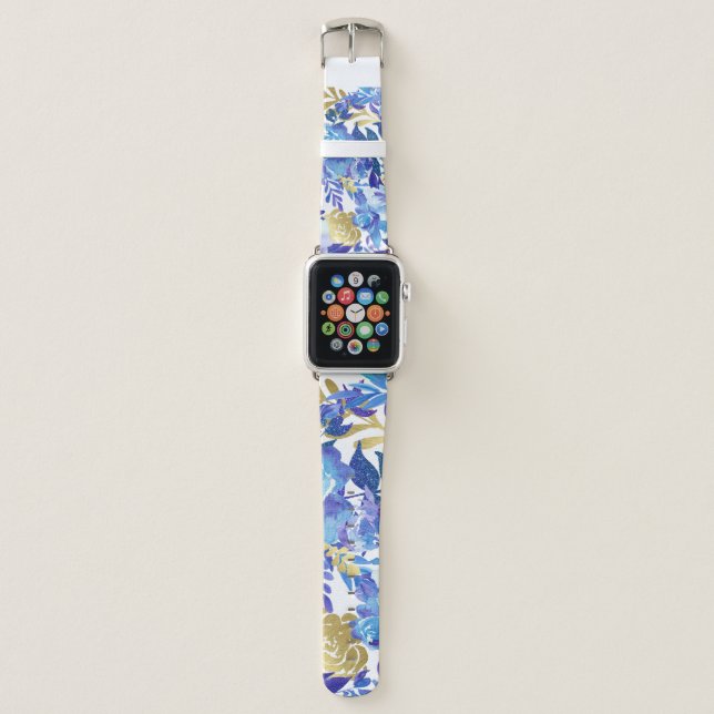 Blue, White, and Gold Floral Apple Watch Band (Front)