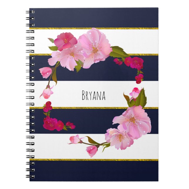 Blue White and Gold Modern Floral Chic Glam Notebook (Front)