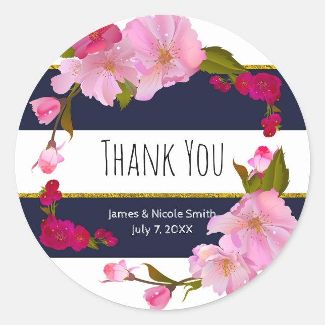 Blue White and Gold Modern Floral Chic Glam Party Classic Round Sticker (Front)