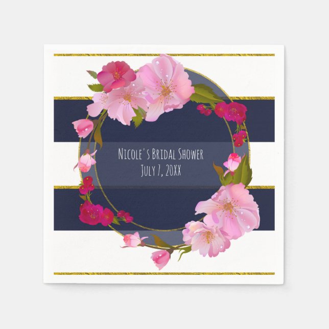 Blue White and Gold Modern Floral Chic Glam Party Napkins (Front)